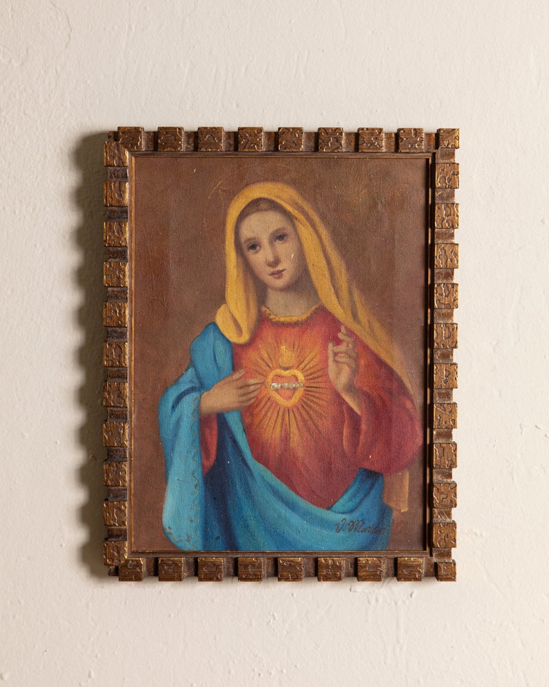 Mother Mary Oil Painting in Gold Cubed Frame, 1940's - Lone Fox
