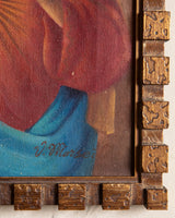 Mother Mary Oil Painting in Gold Cubed Frame, 1940's - Lone Fox