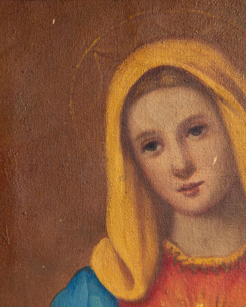 Mother Mary Oil Painting in Gold Cubed Frame, 1940's - Lone Fox