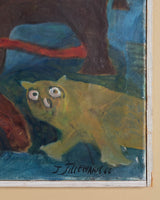 Naïve Modernist Fantasy Scene with Animals Oil Painting, Signed 1966 - Lone Fox
