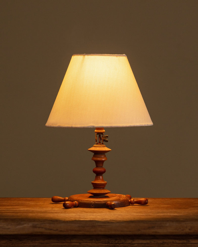 Nautical Wood Table Lamp with Ship's Wheel Base, American, 1970s