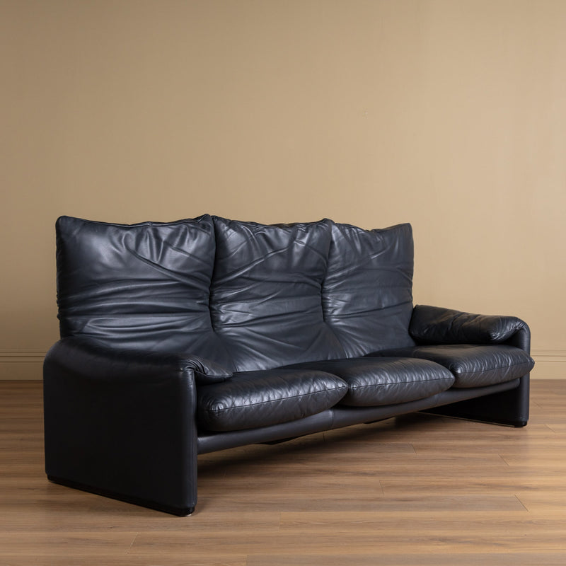 Navy Leather Maralunga Sofa by Vico Magistretti for Cassina