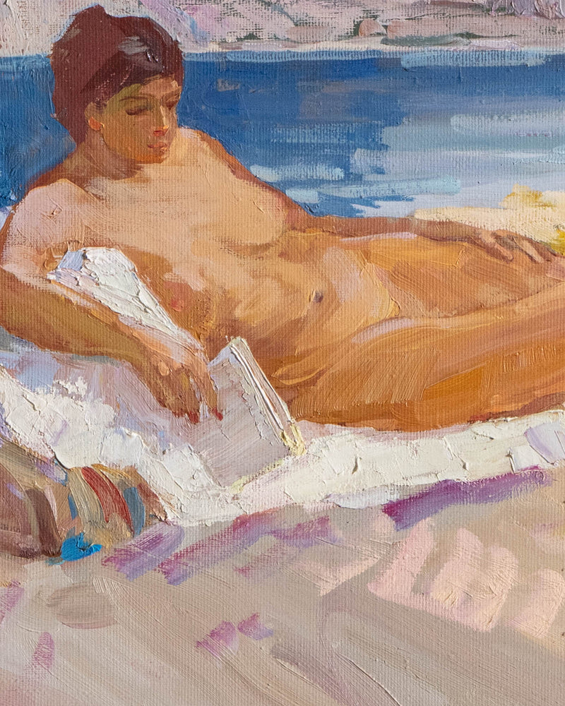 Nude on the Beach Impressionist Oil Painting, Signed - Lone Fox