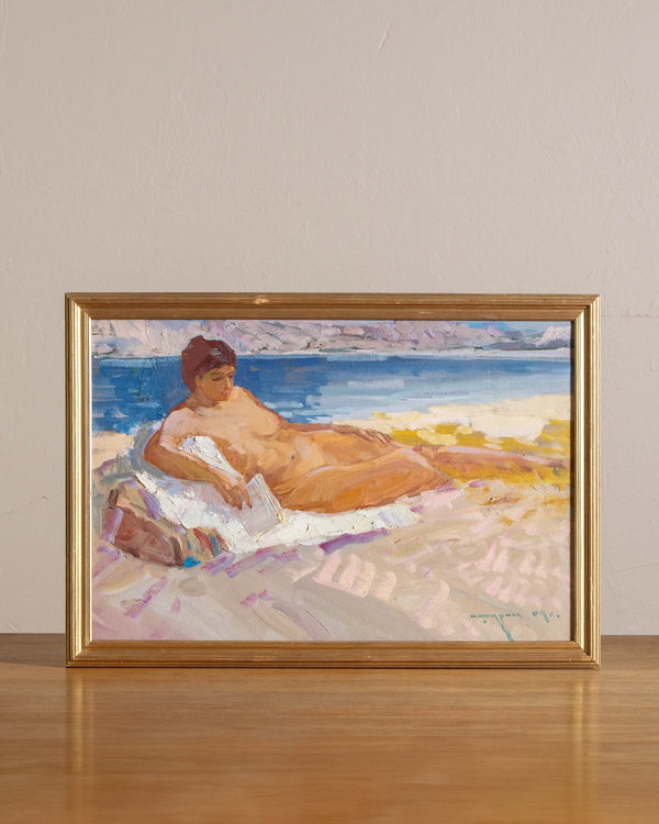 Nude on the Beach Impressionist Oil Painting, Signed - Lone Fox