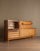 Oak Bar Cabinet w/ Tiled Surface by Guillerme and Chambron, France, 1965 - Lone Fox