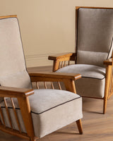 Oak High Back Armchairs, Manner of Jacques Adnet, France, 1940's (2 available) - Lone Fox