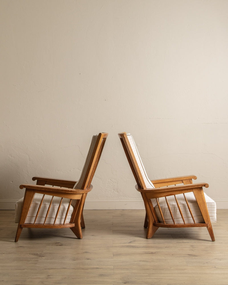 Oak High Back Armchairs, Manner of Jacques Adnet, France, 1940's (2 available) - Lone Fox
