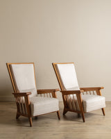 Oak High Back Armchairs, Manner of Jacques Adnet, France, 1940's (2 available) - Lone Fox
