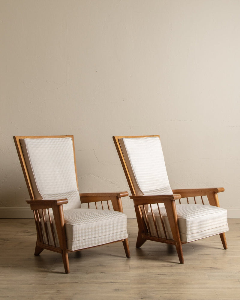 Oak High Back Armchairs, Manner of Jacques Adnet, France, 1940's (2 available) - Lone Fox