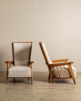 Oak High Back Armchairs, Manner of Jacques Adnet, France, 1940's (2 available) - Lone Fox