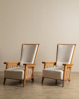 Oak High Back Armchairs, Manner of Jacques Adnet, France, 1940's (2 available) - Lone Fox