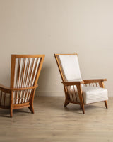 Oak High Back Armchairs, Manner of Jacques Adnet, France, 1940's (2 available) - Lone Fox
