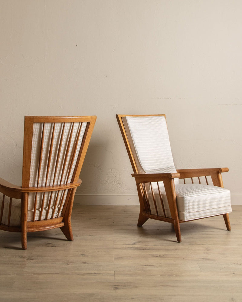 Oak High Back Armchairs, Manner of Jacques Adnet, France, 1940's (2 available) - Lone Fox