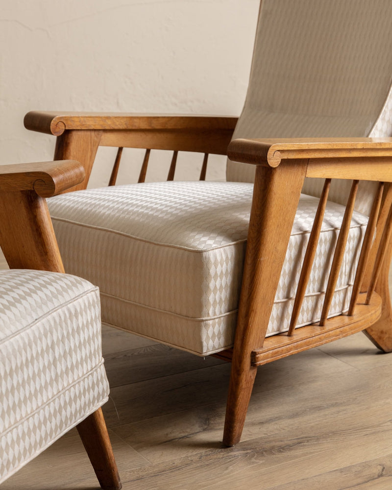 Oak High Back Armchairs, Manner of Jacques Adnet, France, 1940's (2 available) - Lone Fox