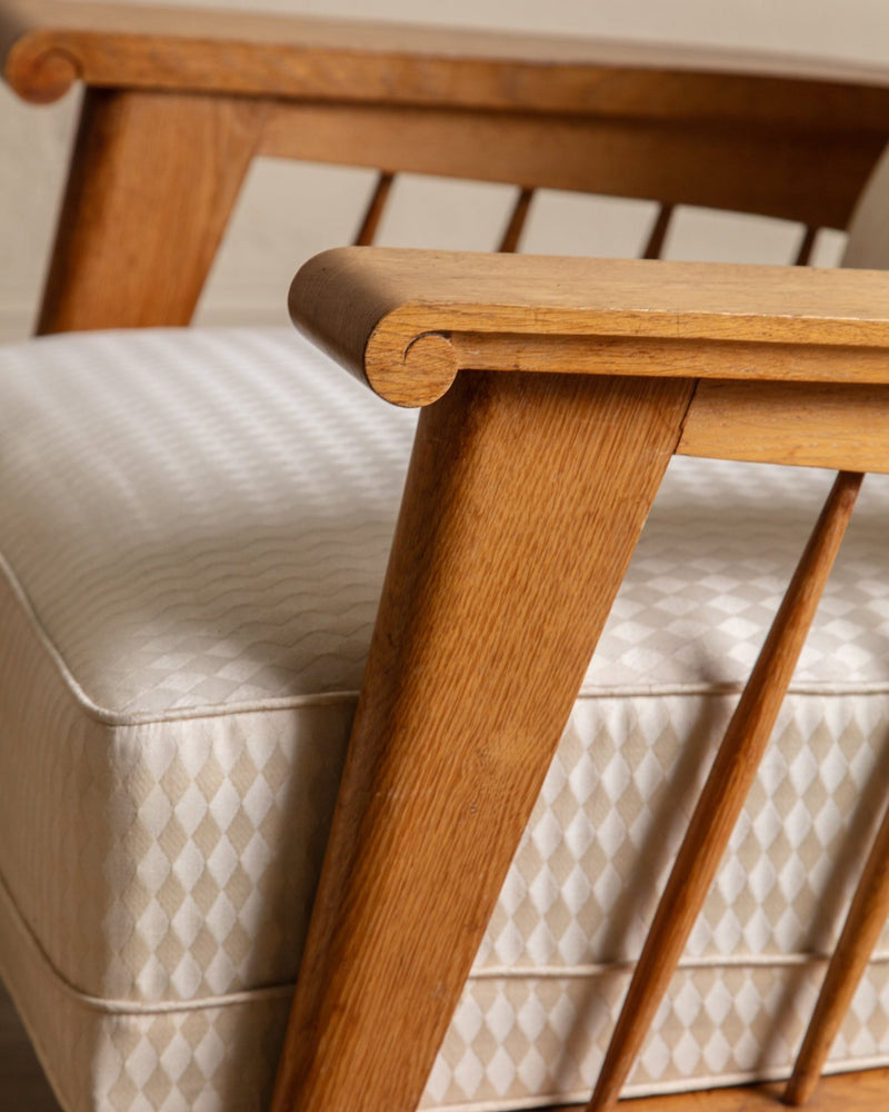 Oak High Back Armchairs, Manner of Jacques Adnet, France, 1940's (2 available) - Lone Fox