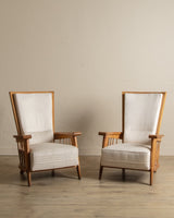 Oak High Back Armchairs, Manner of Jacques Adnet, France, 1940's (2 available) - Lone Fox