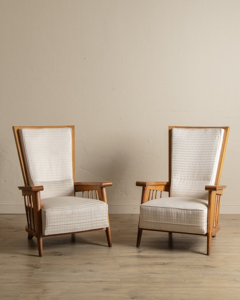 Oak High Back Armchairs, Manner of Jacques Adnet, France, 1940's (2 available) - Lone Fox