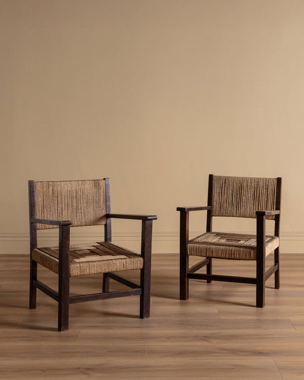 Oak & Rope Armchairs Manner of Francis Jourdain, 1940's (2 Available) - Lone Fox