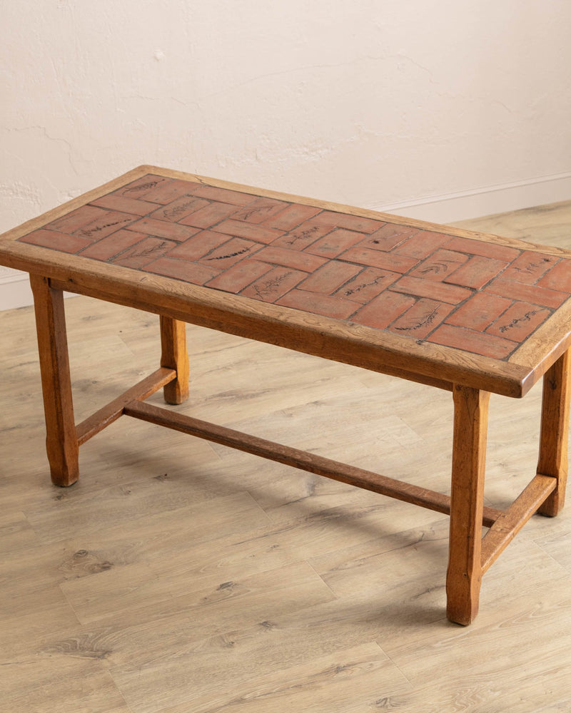 Oak & Terracotta Tile Dining Table, France, 1960's - Lone Fox