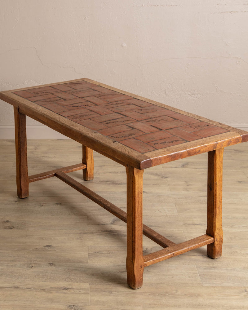 Oak & Terracotta Tile Dining Table, France, 1960's - Lone Fox