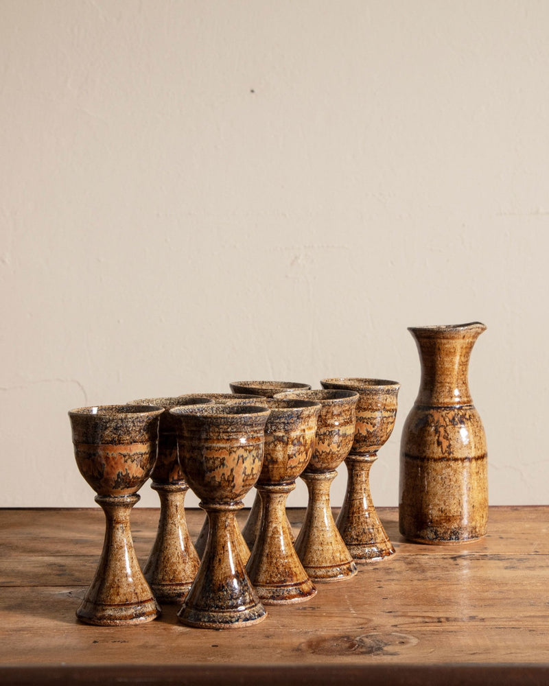 Ochre Studio Pottery Carafe w/ 8 Chalices, Signed - Lone Fox