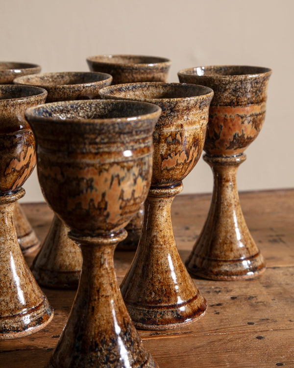 Ochre Studio Pottery Carafe w/ 8 Chalices, Signed - Lone Fox
