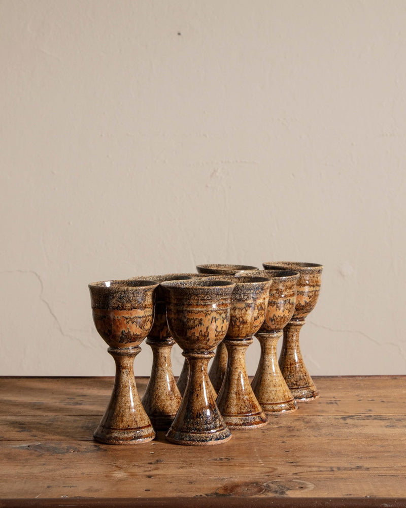 Ochre Studio Pottery Carafe w/ 8 Chalices, Signed - Lone Fox