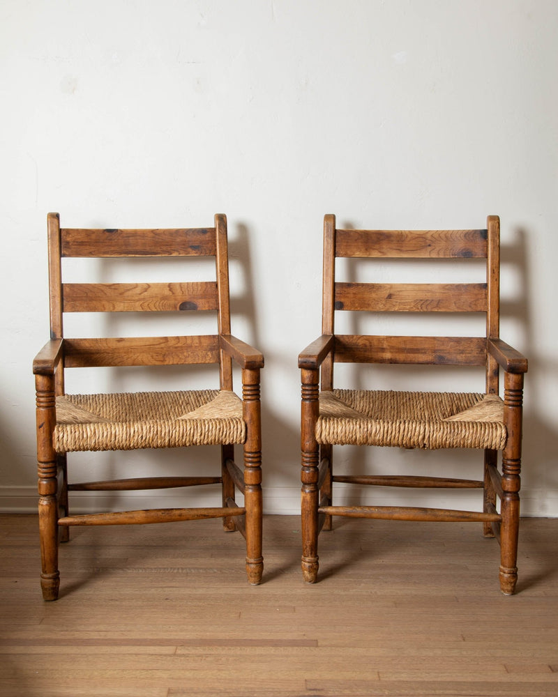 Oversized Pine & Rush Bobbin Leg Armchairs (Set of 4) - Lone Fox