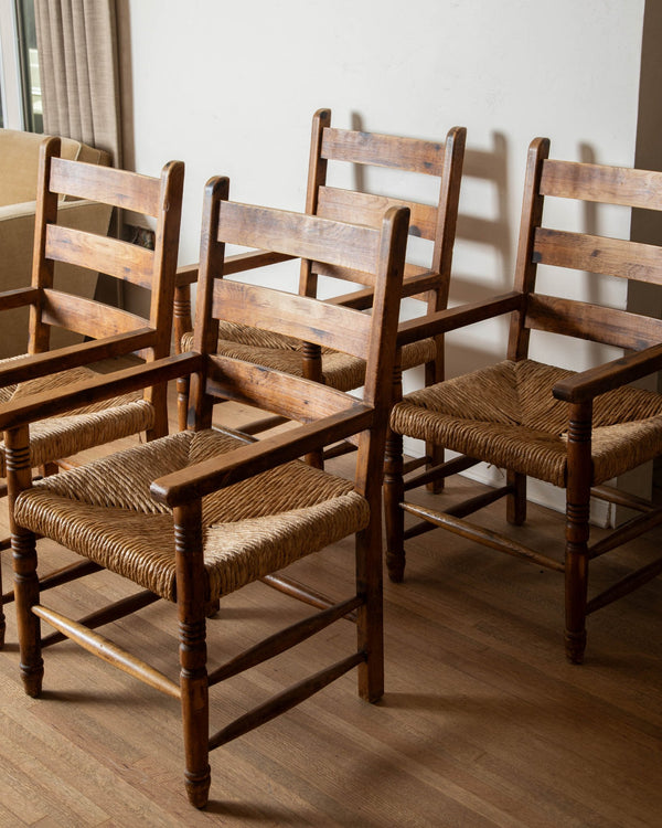 Oversized Pine & Rush Bobbin Leg Armchairs (Set of 4) - Lone Fox