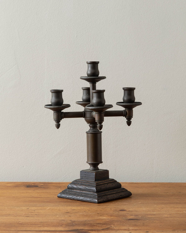 Oxidized Brass & Wood 5 Candle Taper Holder - Lone Fox