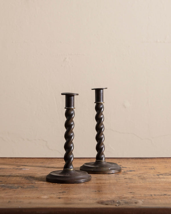 Pair of Aged Brass Barley Twist Candle Holders, Early 20th Century - Lone Fox