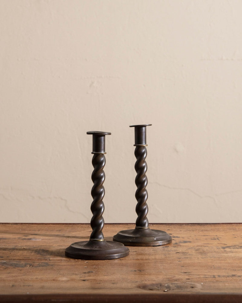 Pair of Aged Brass Barley Twist Candle Holders, Early 20th Century - Lone Fox