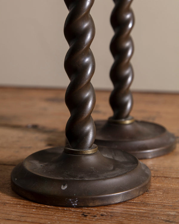 Pair of Aged Brass Barley Twist Candle Holders, Early 20th Century - Lone Fox