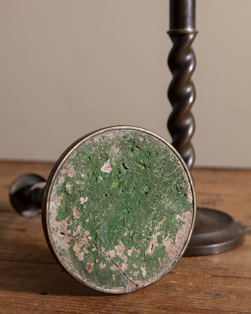 Pair of Aged Brass Barley Twist Candle Holders, Early 20th Century - Lone Fox