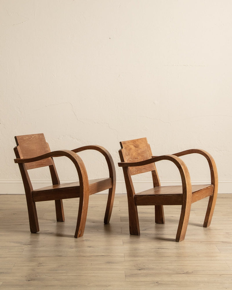 Pair of Art Deco Low Bentwood Elm Armchairs, Sweden, 1940's - Lone Fox