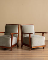 Pair of Art Deco Oak Lounge Chair in Sage Mohair, France, 1940s - Lone Fox