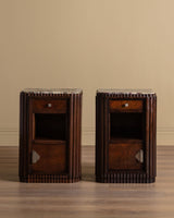 Pair of Art Deco Wood & Marble Fluted Nightstands, France, 1940's - Lone Fox