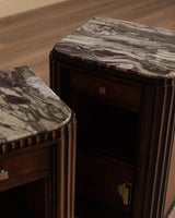 Pair of Art Deco Wood & Marble Fluted Nightstands, France, 1940's - Lone Fox