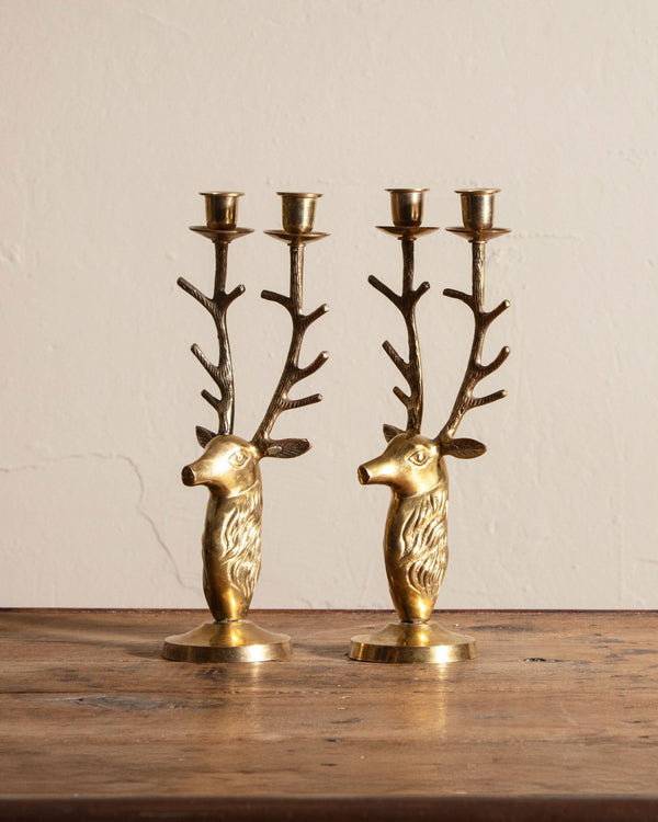 Pair of Brass Stag Deer Candelabras - Lone Fox
