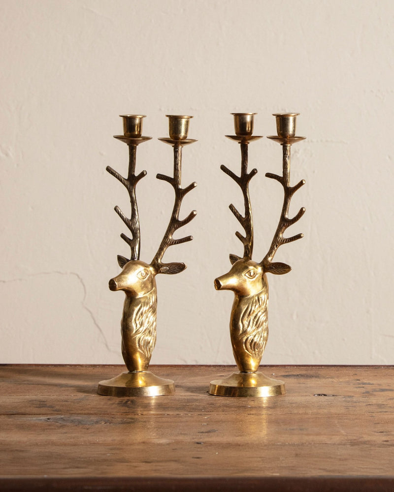 Pair of Brass Stag Deer Candelabras - Lone Fox
