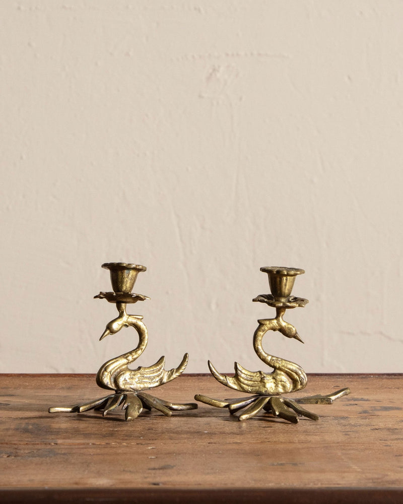 Pair of Brass Swan Taper Holders - Lone Fox