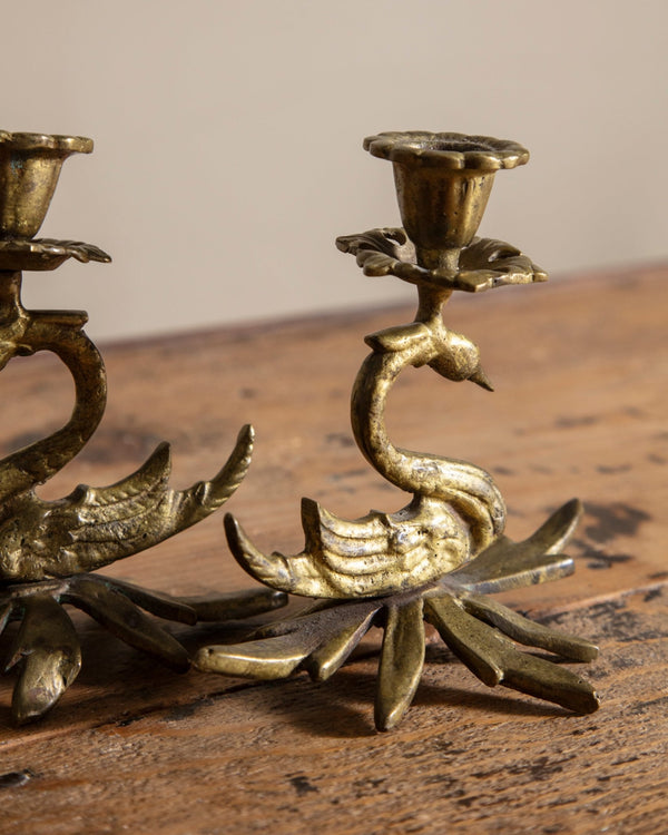 Pair of Brass Swan Taper Holders - Lone Fox