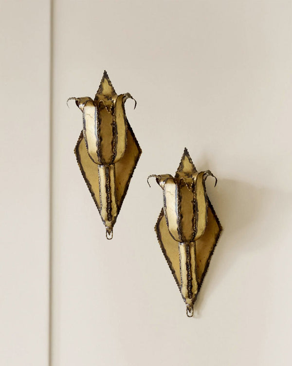 Pair of Brass Tulip Torchiere Sconces, Manner of Tom Greene, 1970's - Lone Fox