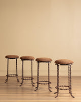 Pair of Brutalist Chain - Link Barstools in Striped Velvet, 1970’s - Lone Fox