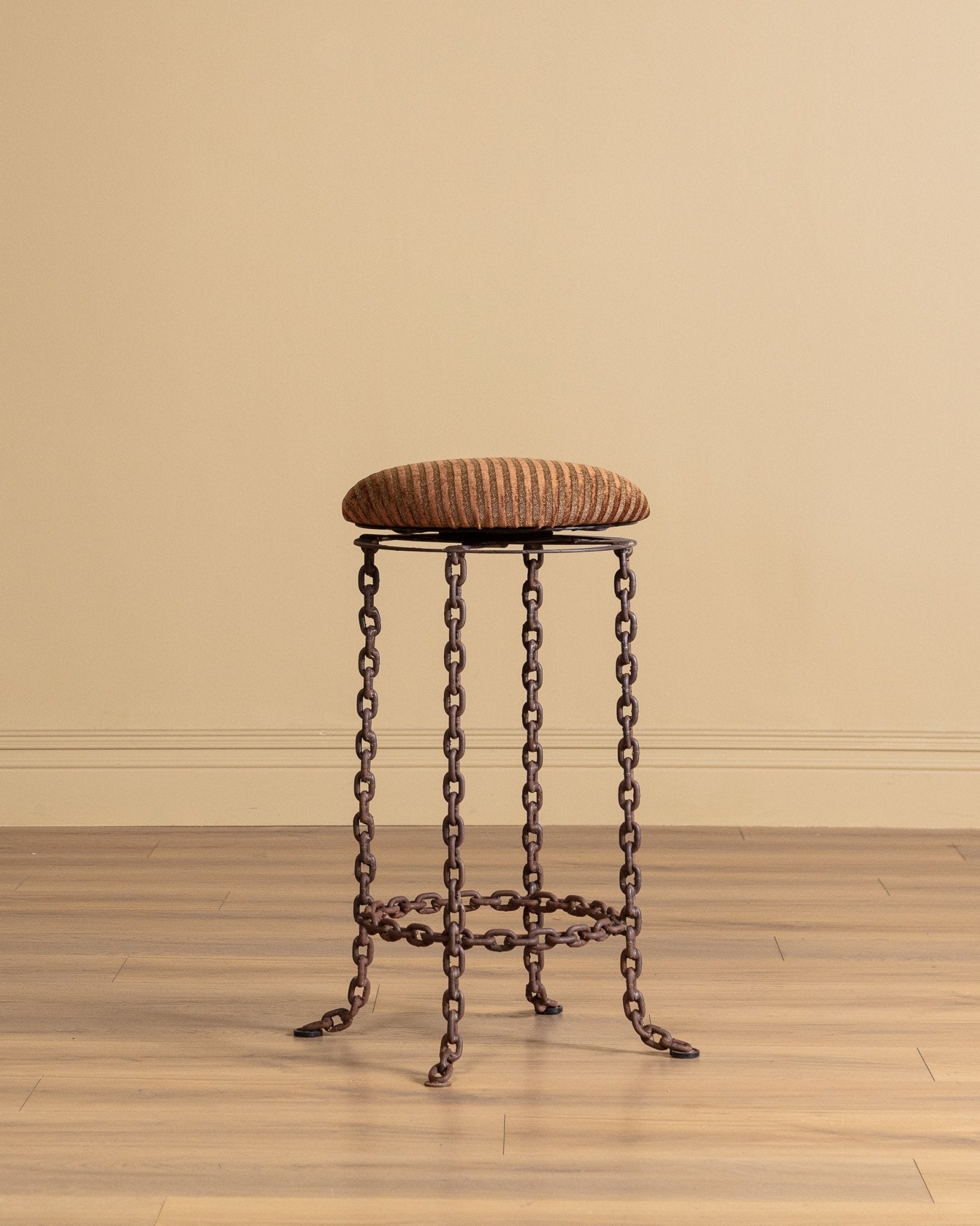 Pair of Brutalist Chain-Link Barstools in Striped Velvet, 1970’s – Lone Fox