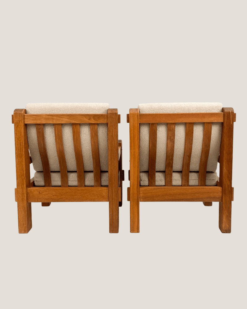 Pair of Brutalist Oak Lounge Chairs w/ Curly Wool Upholstery, Netherlands, 1970's - Lone Fox