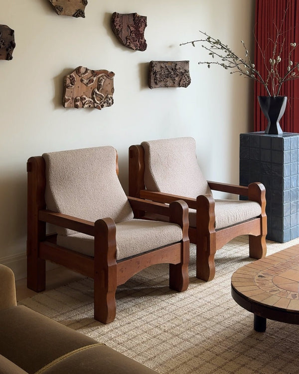 Pair of Brutalist Oak Lounge Chairs w/ Curly Wool Upholstery, Netherlands, 1970's - Lone Fox