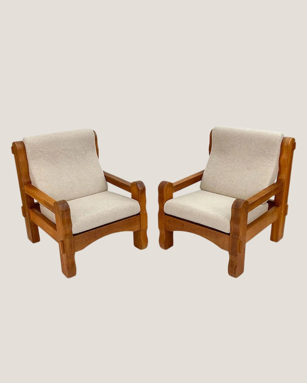 Pair of Brutalist Oak Lounge Chairs w/ Curly Wool Upholstery, Netherlands, 1970's - Lone Fox