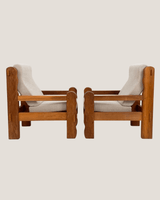 Pair of Brutalist Oak Lounge Chairs w/ Curly Wool Upholstery, Netherlands, 1970's - Lone Fox