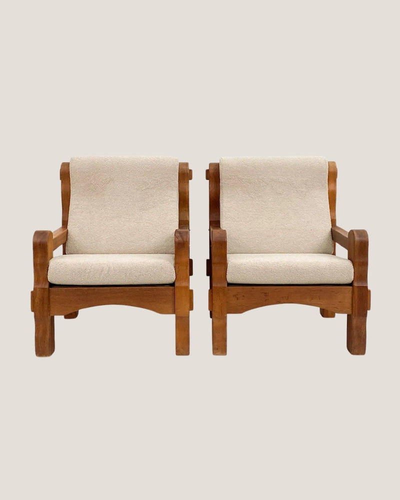 Pair of Brutalist Oak Lounge Chairs w/ Curly Wool Upholstery, Netherlands, 1970's - Lone Fox